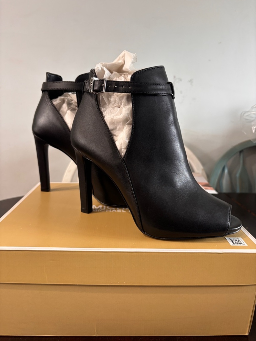 Michael Kors Black Leather Peep-Toe Ankle Booties with Buckle Strap